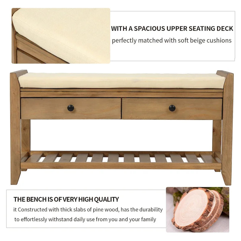 Aufbewahrungsbank für den Eingangsbereich mit gepolsterter Sitzfläche und Schubladen - 39L x 14W x 19.8H