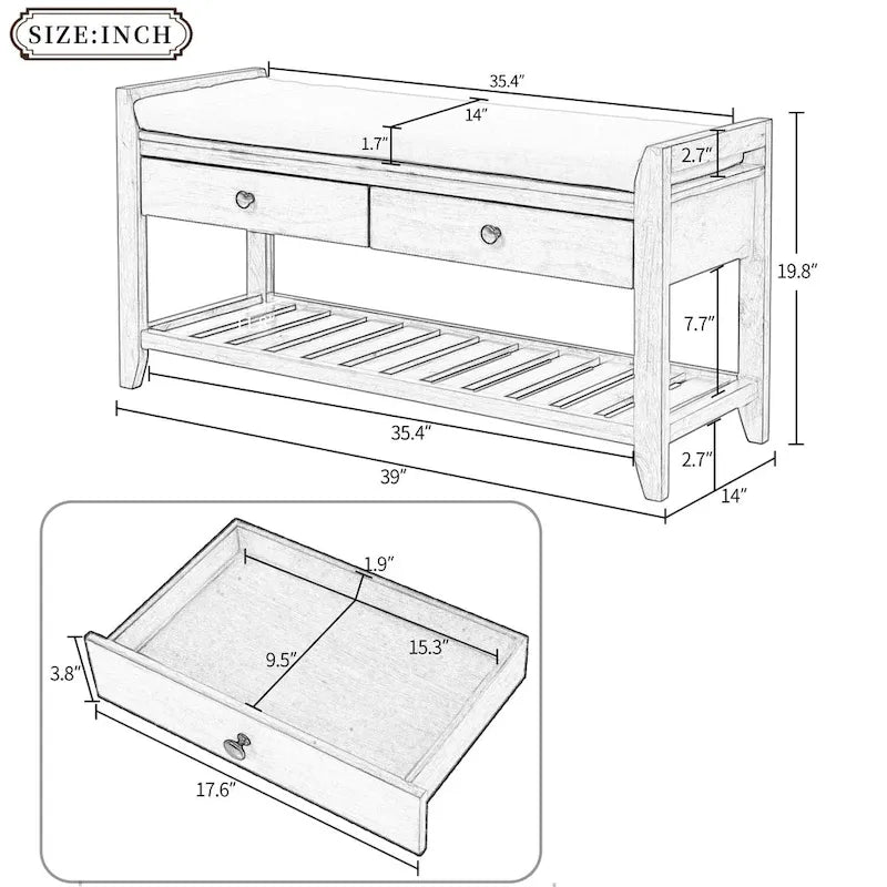 Aufbewahrungsbank für den Eingangsbereich mit gepolsterter Sitzfläche und Schubladen - 39L x 14W x 19.8H