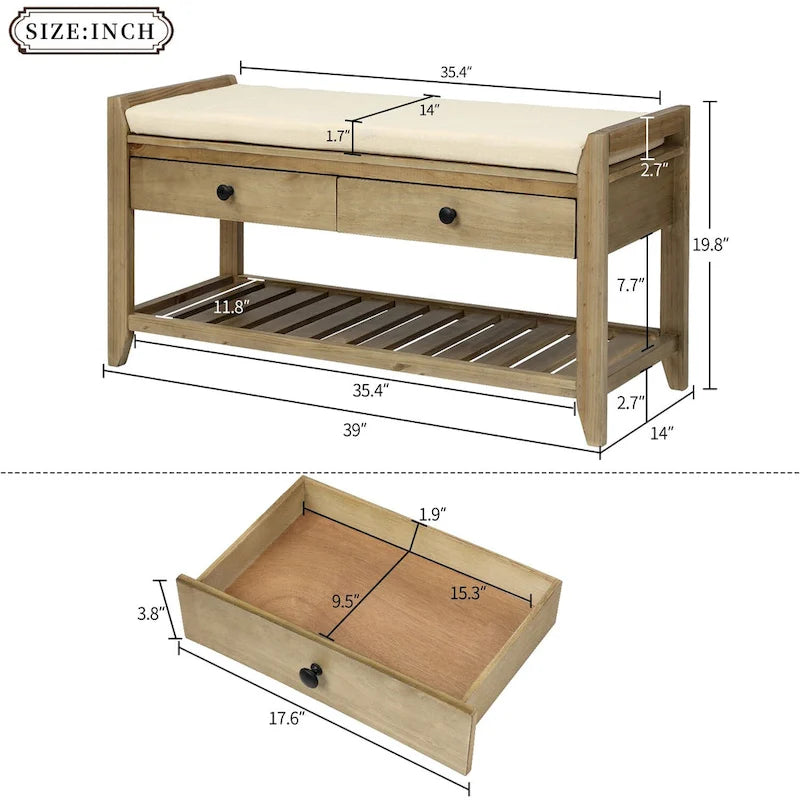Aufbewahrungsbank für den Eingangsbereich mit gepolsterter Sitzfläche und Schubladen - 39L x 14W x 19.8H