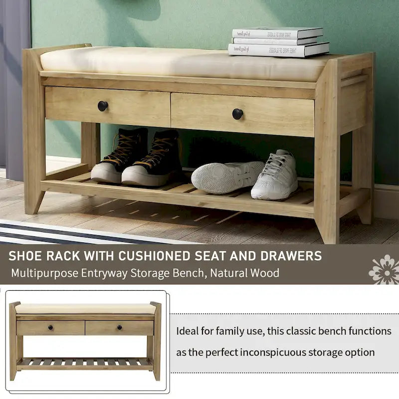 Aufbewahrungsbank für den Eingangsbereich mit gepolsterter Sitzfläche und Schubladen - 39L x 14W x 19.8H