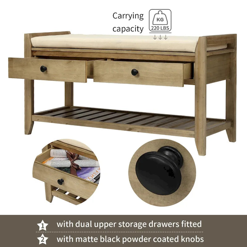 Aufbewahrungsbank für den Eingangsbereich mit gepolsterter Sitzfläche und Schubladen - 39L x 14W x 19.8H