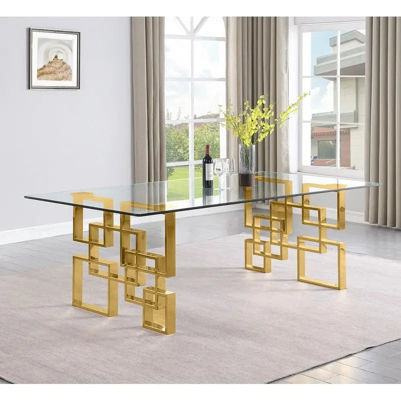 Esstisch aus gehärtetem Glas mit Edelstahl