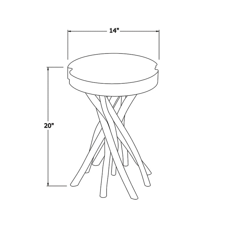 Tavolino decorativo piccolo in legno massello tagliato trasversalmente con base a forma di ramo