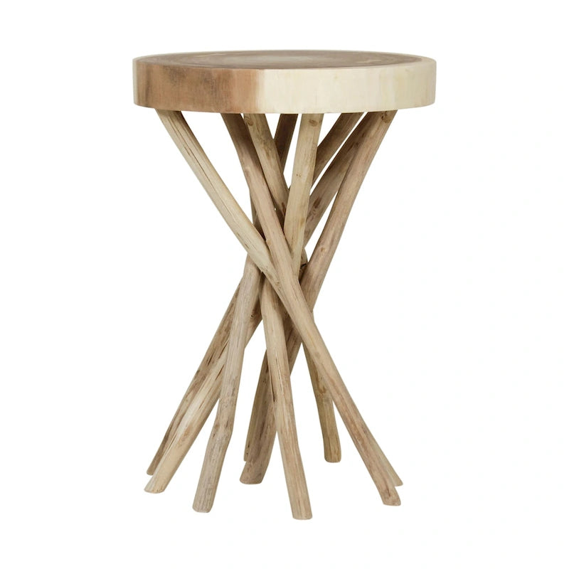 Tavolino decorativo piccolo in legno massello tagliato trasversalmente con base a forma di ramo
