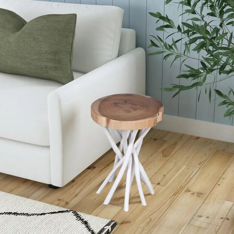 Tavolino decorativo piccolo in legno massello tagliato trasversalmente con base a forma di ramo