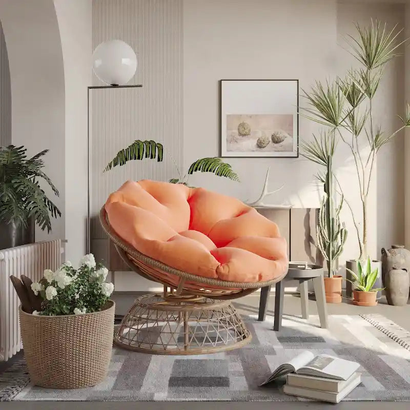 Gelber Korbgeflecht-Papasan-Drehstuhl für Terrasse und Außenbereich