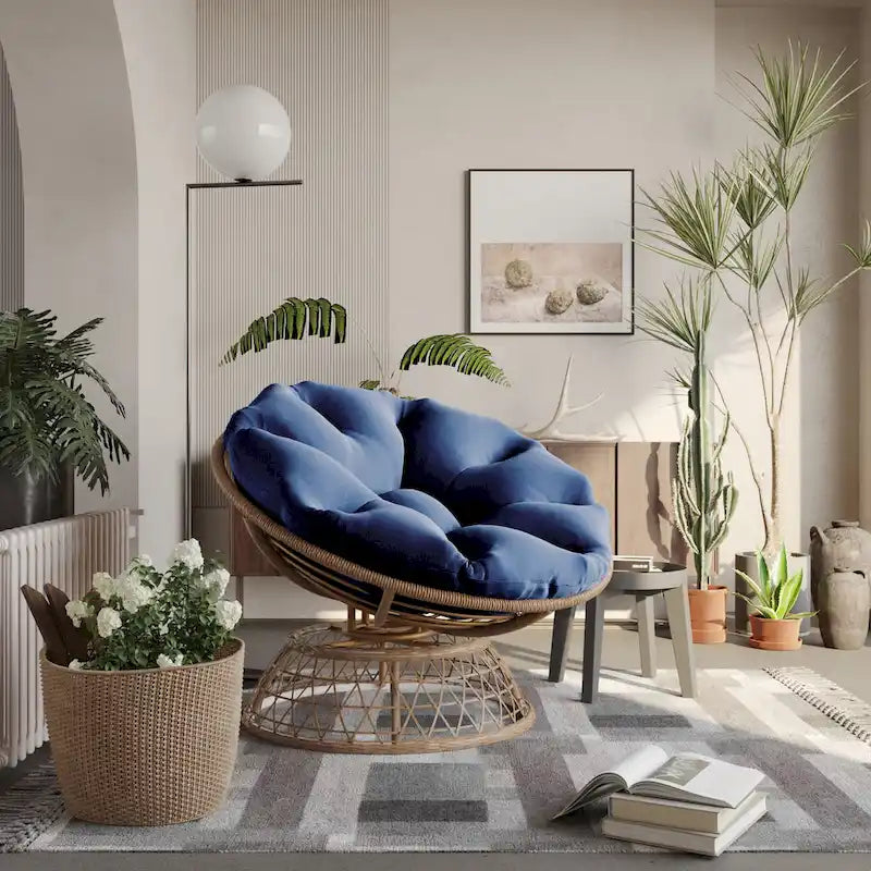 Gelber Korbgeflecht-Papasan-Drehstuhl für Terrasse und Außenbereich