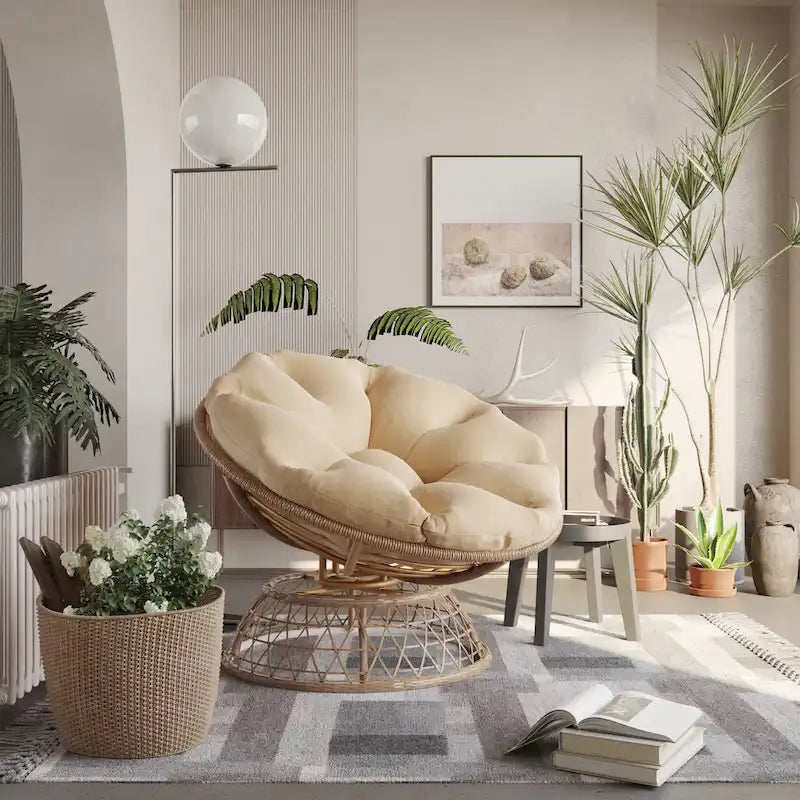 Gelber Korbgeflecht-Papasan-Drehstuhl für Terrasse und Außenbereich