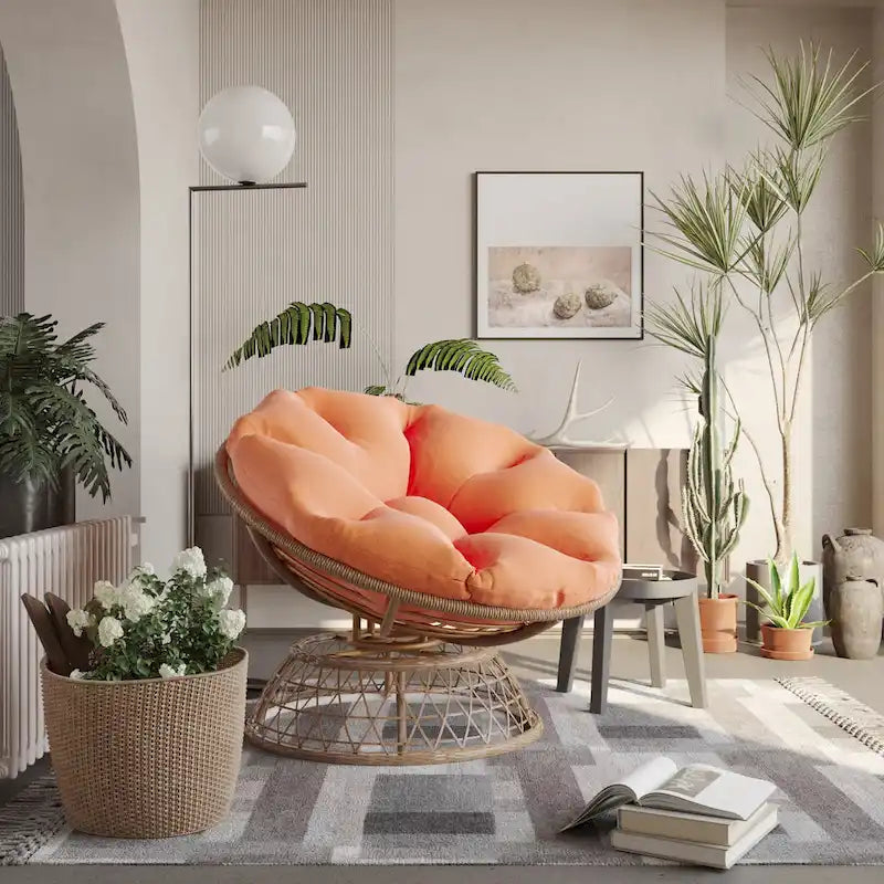 Gelber Korbgeflecht-Papasan-Drehstuhl für Terrasse und Außenbereich