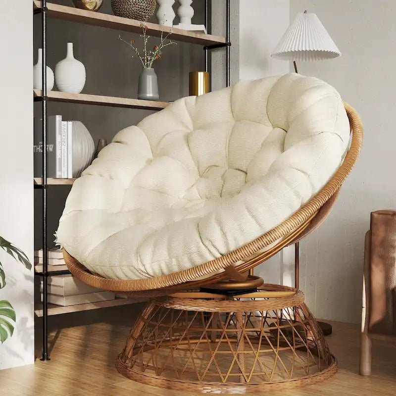 Gelber Korbgeflecht-Papasan-Drehstuhl für Terrasse und Außenbereich
