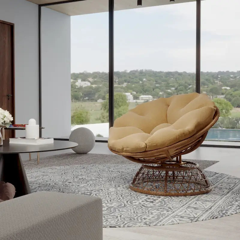 Gelber Korbgeflecht-Papasan-Drehstuhl für Terrasse und Außenbereich