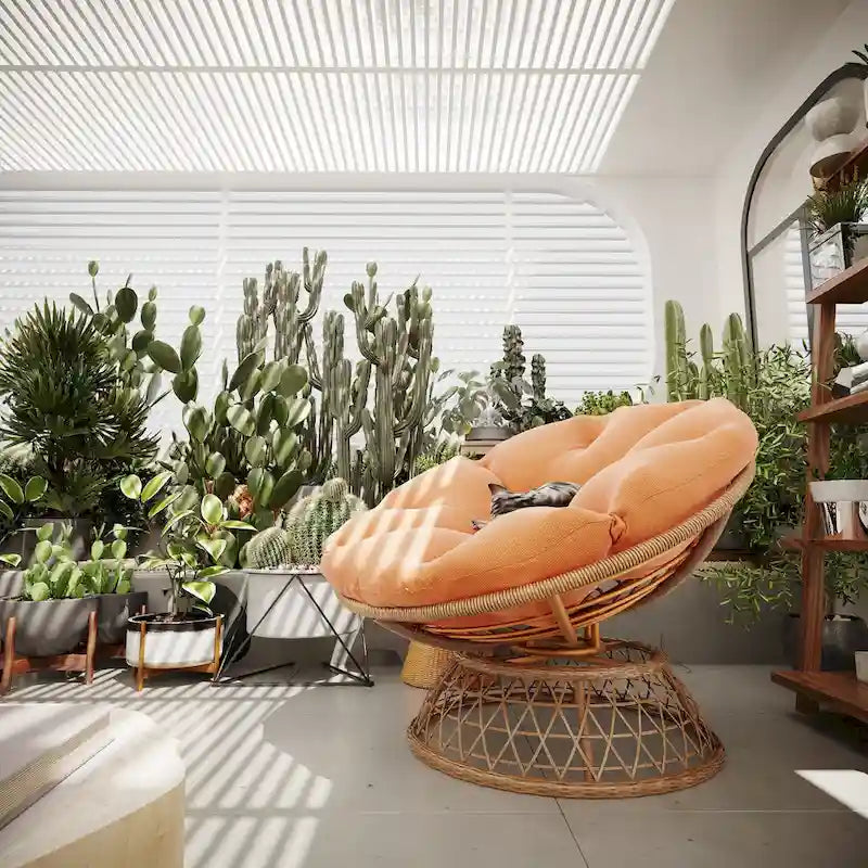 Gelber Korbgeflecht-Papasan-Drehstuhl für Terrasse und Außenbereich