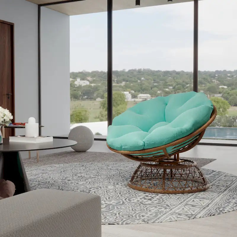 Gelber Korbgeflecht-Papasan-Drehstuhl für Terrasse und Außenbereich