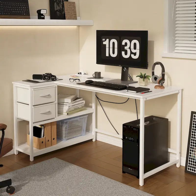 L-förmiger Computertisch mit Ladestation, umkehrbarer Eck-PC-Schreibtisch mit Schublade