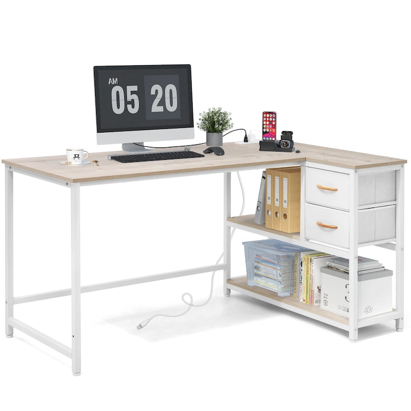L-förmiger Computertisch mit Ladestation, umkehrbarer Eck-PC-Schreibtisch mit Schublade