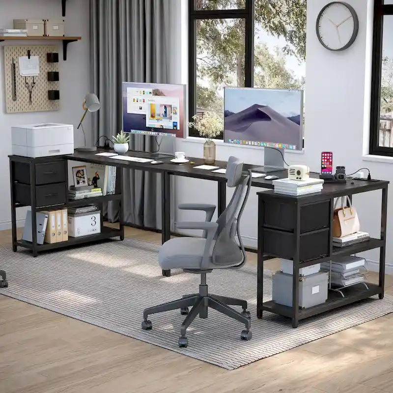 L-förmiger Computertisch mit Ladestation, umkehrbarer Eck-PC-Schreibtisch mit Schublade