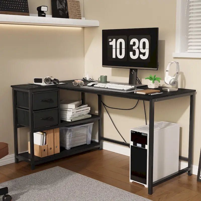 L-förmiger Computertisch mit Ladestation, umkehrbarer Eck-PC-Schreibtisch mit Schublade