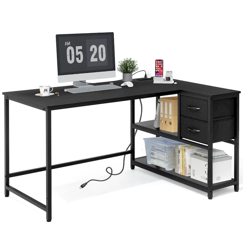 L-vormig computerbureau met oplaadstation, omkeerbaar hoekbureau voor pc met lade