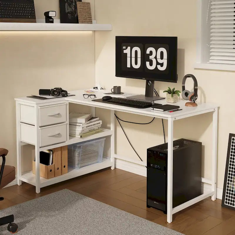 L-vormig computerbureau met oplaadstation, omkeerbaar hoekbureau voor pc met lade