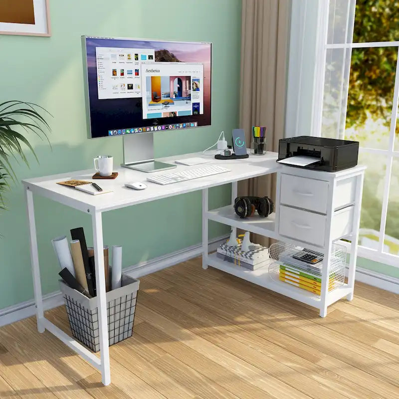 L-vormig computerbureau met oplaadstation, omkeerbaar hoekbureau voor pc met lade