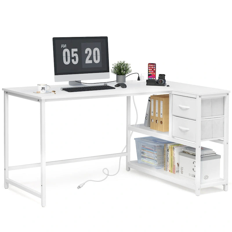 L-vormig computerbureau met oplaadstation, omkeerbaar hoekbureau voor pc met lade