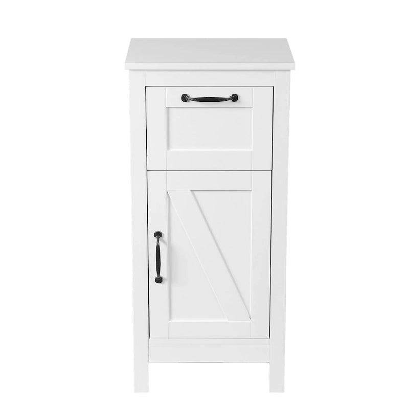 Weißer MDF-Holzschrank mit schwarzer Hardware, 1 Tür und 1 Schublade - 32.1 H - 32.1 H x 15.1 W x 11.8 D