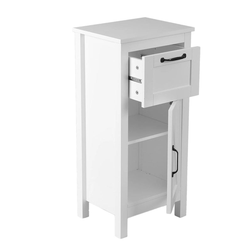 Weißer MDF-Holzschrank mit schwarzer Hardware, 1 Tür und 1 Schublade - 32.1 H - 32.1 H x 15.1 W x 11.8 D