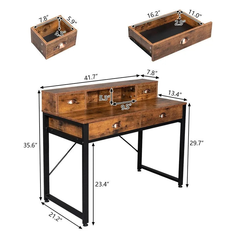 Scrivania per computer con struttura in acciaio nero, pannello truciolare e 4 cassetti