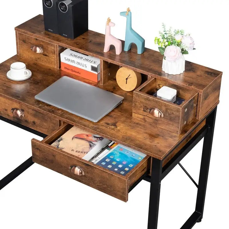 Scrivania per computer con struttura in acciaio nero, pannello truciolare e 4 cassetti
