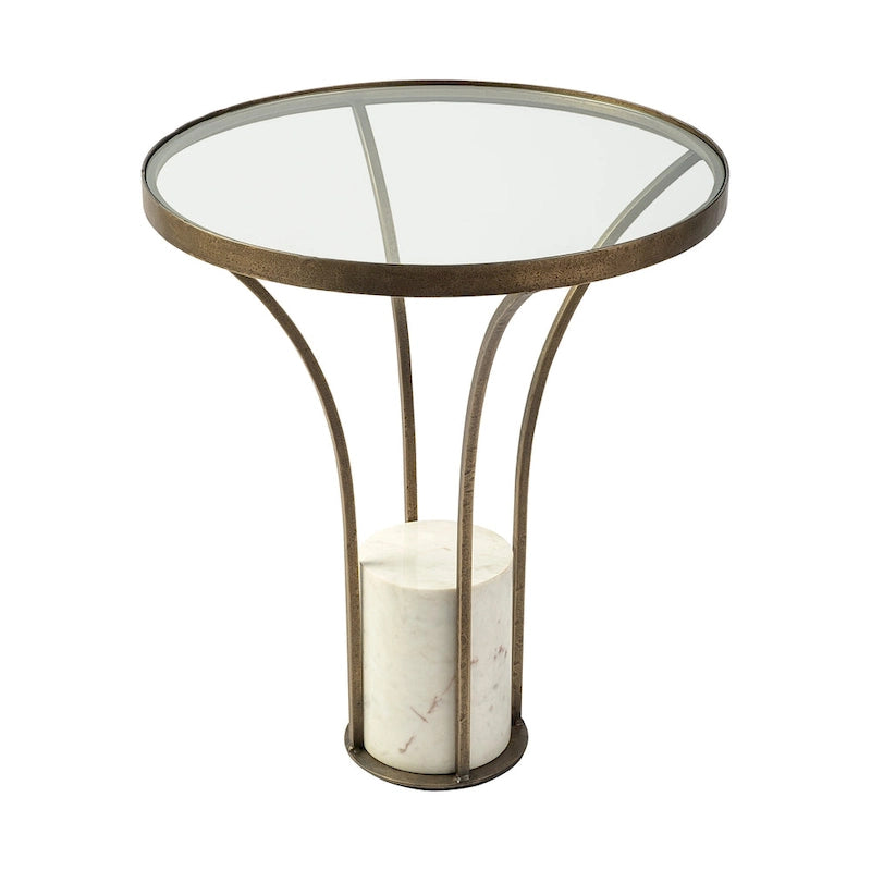 Jacinta II Glass Top with Gold Metal and White Marble Pedestal Round Side Table