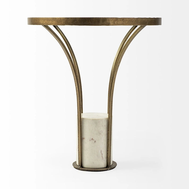 Table d’appoint ronde avec plateau en verre, métal doré et piédestal en marbre blanc