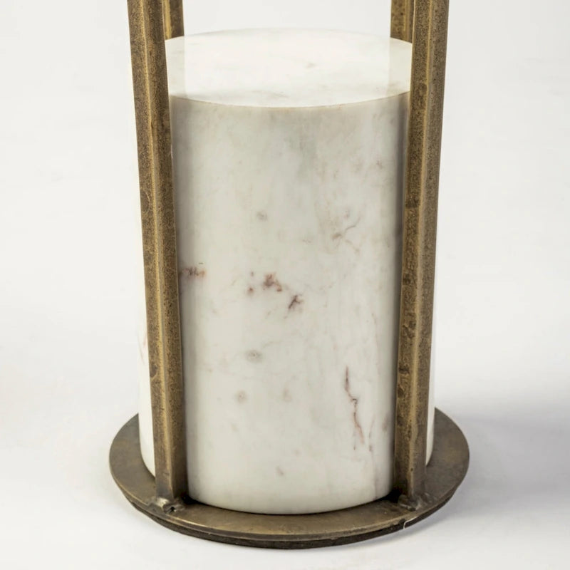 Table d’appoint ronde avec plateau en verre, métal doré et piédestal en marbre blanc