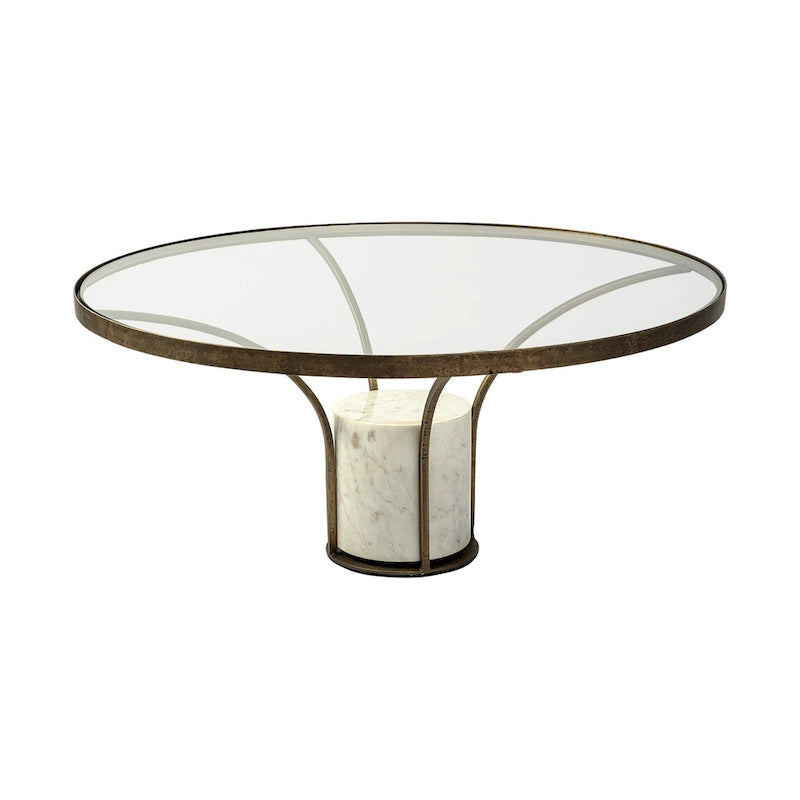 Table d’appoint ronde avec plateau en verre, métal doré et piédestal en marbre blanc