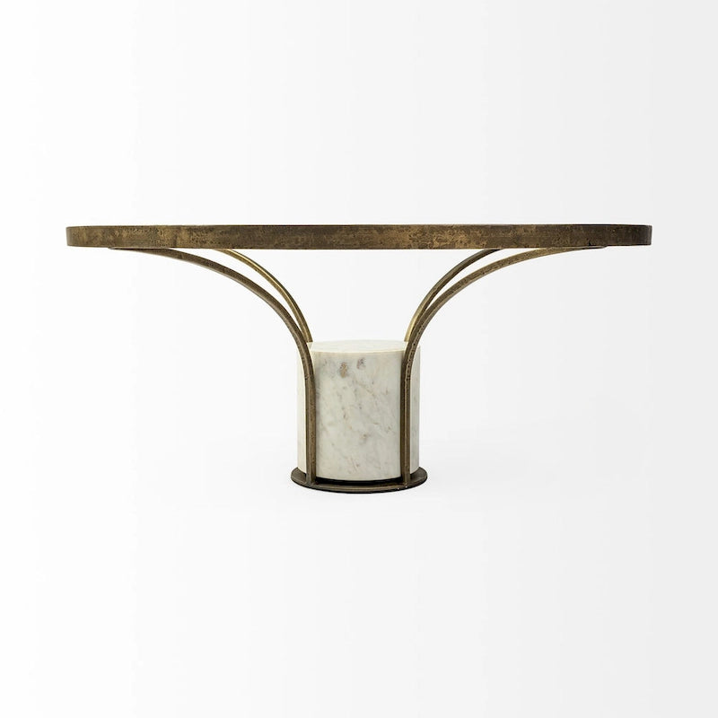 Table d’appoint ronde avec plateau en verre, métal doré et piédestal en marbre blanc