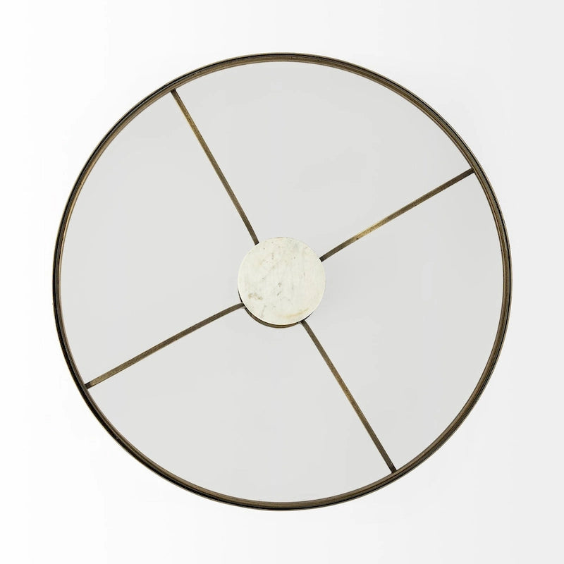Table d’appoint ronde avec plateau en verre, métal doré et piédestal en marbre blanc