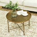 24 runder Couchtisch mit gehämmerter Ablage, Vintage-Metall-Mitteltisch für Wohnzimmer, Schlafzimmer und als Beistelltisch, Gold