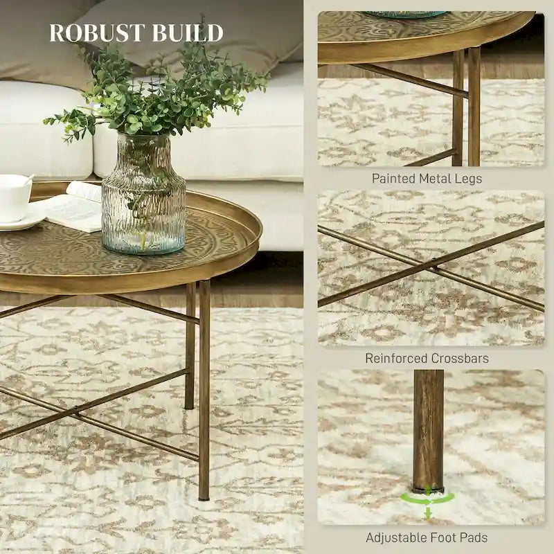 24 runder Couchtisch mit gehämmerter Ablage, Vintage-Metall-Mitteltisch für Wohnzimmer, Schlafzimmer und als Beistelltisch, Gold