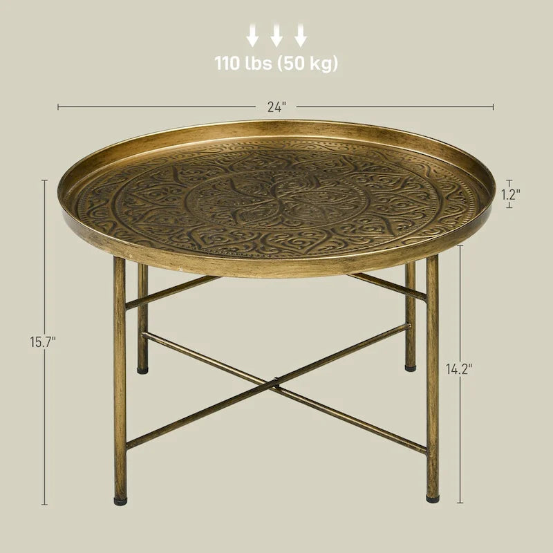24 runder Couchtisch mit gehämmerter Ablage, Vintage-Metall-Mitteltisch für Wohnzimmer, Schlafzimmer und als Beistelltisch, Gold
