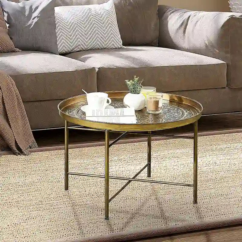 24 runder Couchtisch mit gehämmerter Ablage, Vintage-Metall-Mitteltisch für Wohnzimmer, Schlafzimmer und als Beistelltisch, Gold