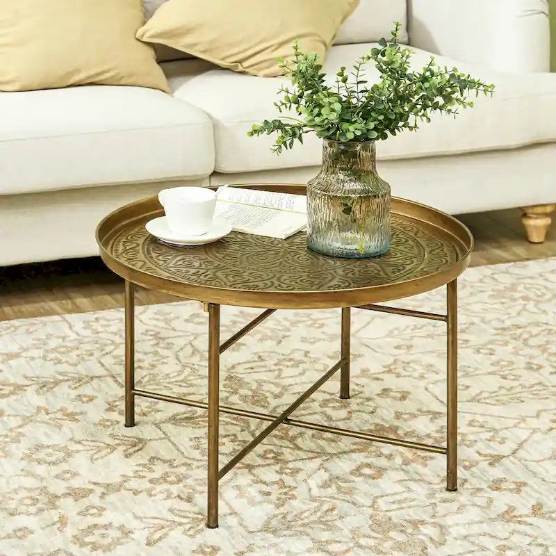 24 runder Couchtisch mit gehämmerter Ablage, Vintage-Metall-Mitteltisch für Wohnzimmer, Schlafzimmer und als Beistelltisch, Gold