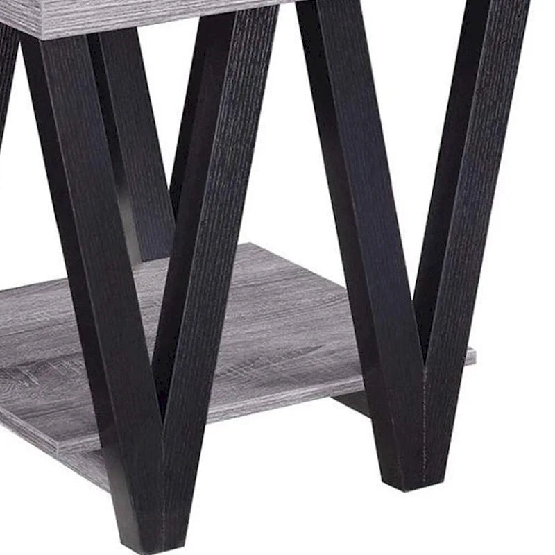 Zig-zag moderner Beistelltisch aus Massivholz mit unterem Regal, Grau und Schwarz