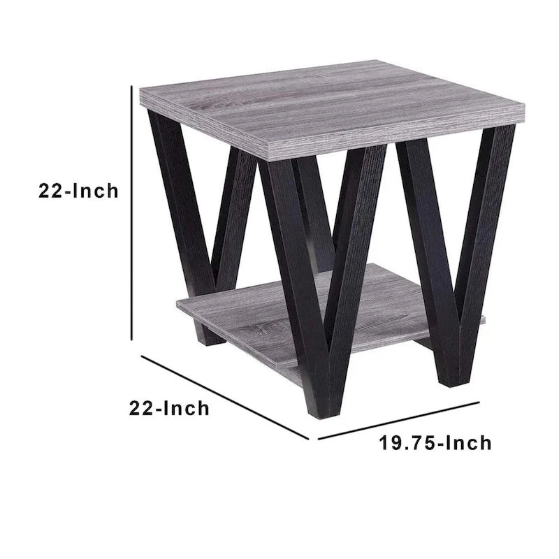 Zig-zag moderner Beistelltisch aus Massivholz mit unterem Regal, Grau und Schwarz