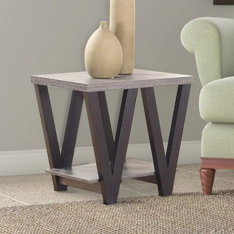 Zig-zag moderner Beistelltisch aus Massivholz mit unterem Regal, Grau und Schwarz