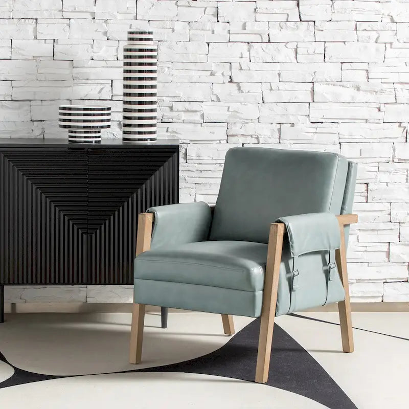Olivia Farmhouse Faux Leather Accent Chair with Solid Wood Legs