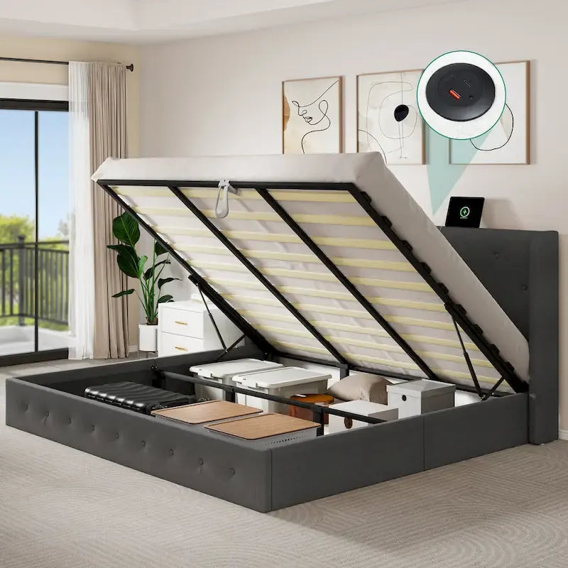 Polster-Kopfteil für Queensize-Plattformbett mit hochklappbarem Stauraum
