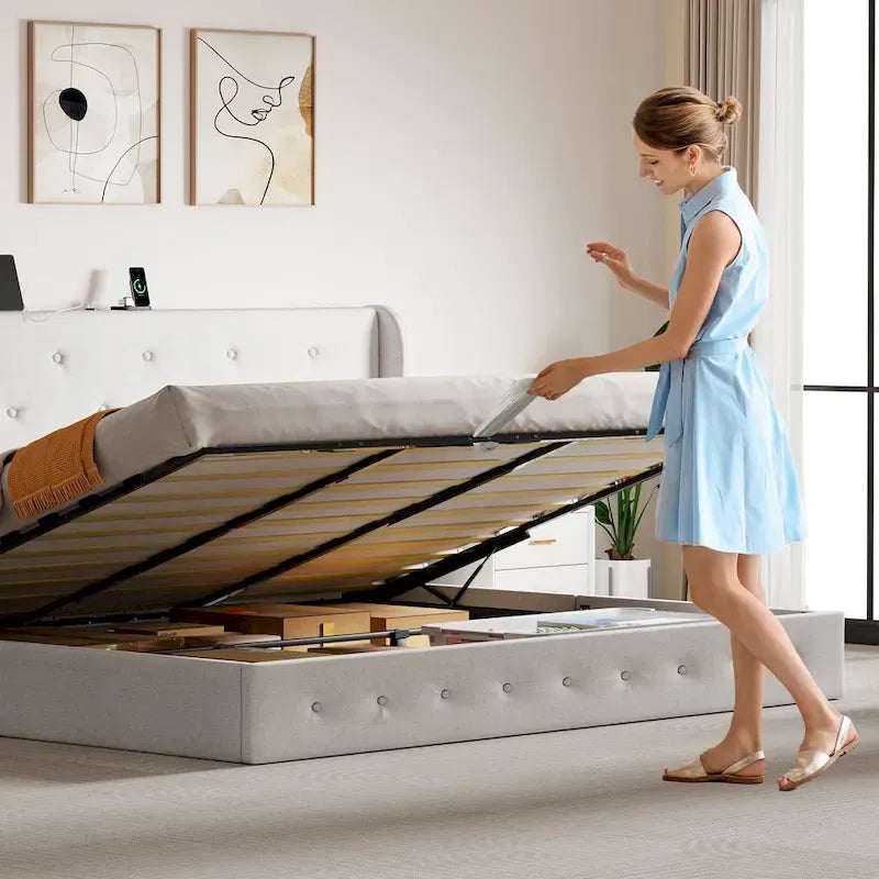 Queen Upholstered Headboard Platform Beds Lift Up Storage Bed